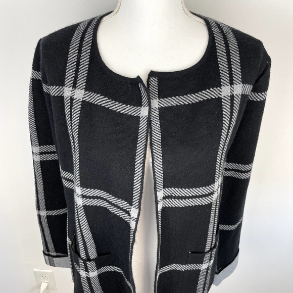 Rain Windowpane Open Front Sweater Jacket In Black Gray Size Small New - Picture 2 of 10